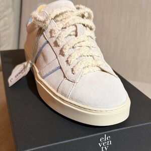 Eleventy Off-White Suede Sneakers with Blue Stripes